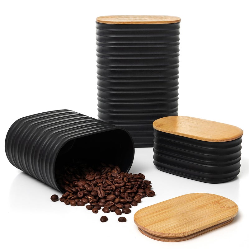 Mixpresso Black Canisters Sets for the Kitchen â€“ 3-Piece Airtight Plastic Sugar Container Set with Bamboo Lids in Three Different Sizes â€“ Decorative Modern Storage Jars for Coffee, Tea & Countertops - Image 1