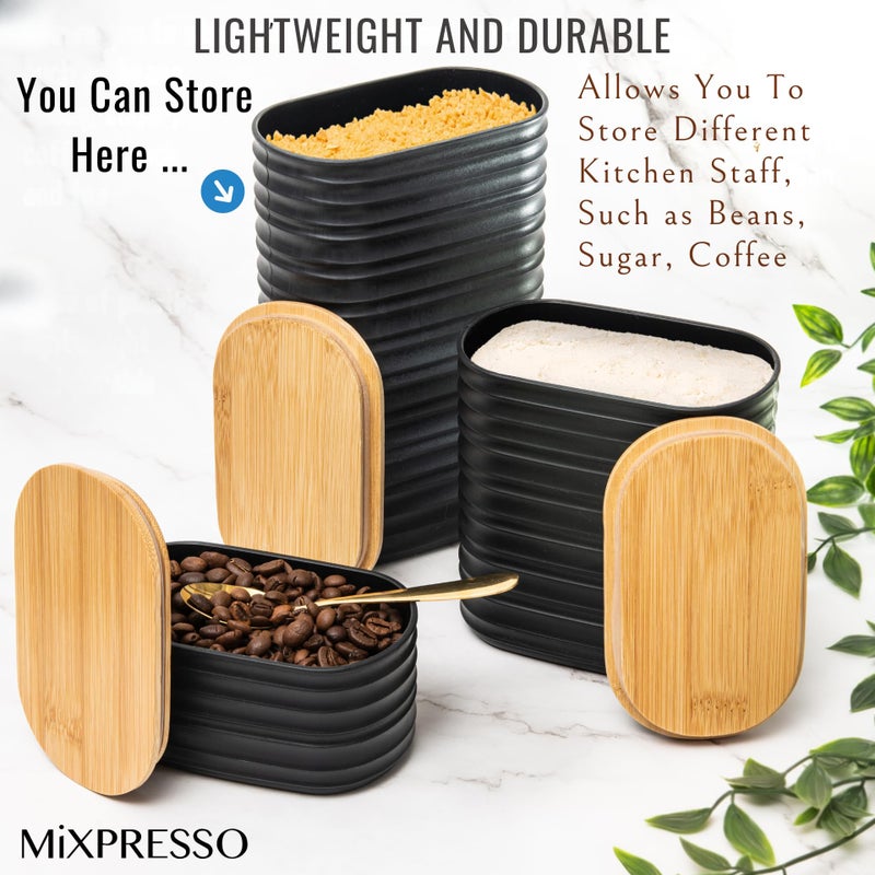 Mixpresso Black Canisters Sets for the Kitchen â€“ 3-Piece Airtight Plastic Sugar Container Set with Bamboo Lids in Three Different Sizes â€“ Decorative Modern Storage Jars for Coffee, Tea & Countertops - Image 5