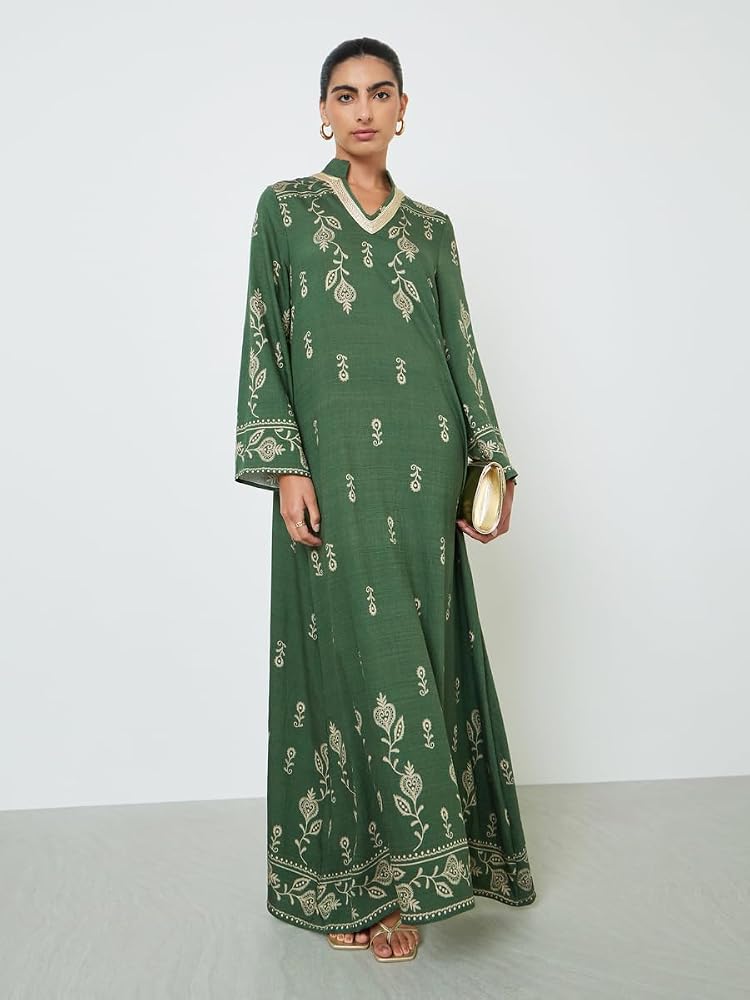 Styli Amirah Green Embroidered Stand Collar Jalabiya,Green,S - Image 3