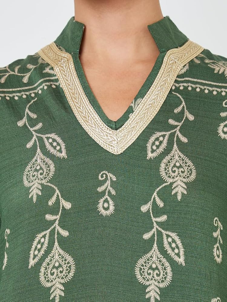 Styli Amirah Green Embroidered Stand Collar Jalabiya,Green,S - Image 4