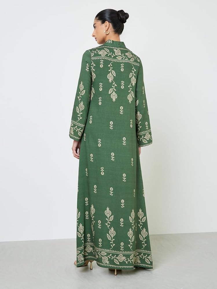 Styli Amirah Green Embroidered Stand Collar Jalabiya,Green,S - Image 5