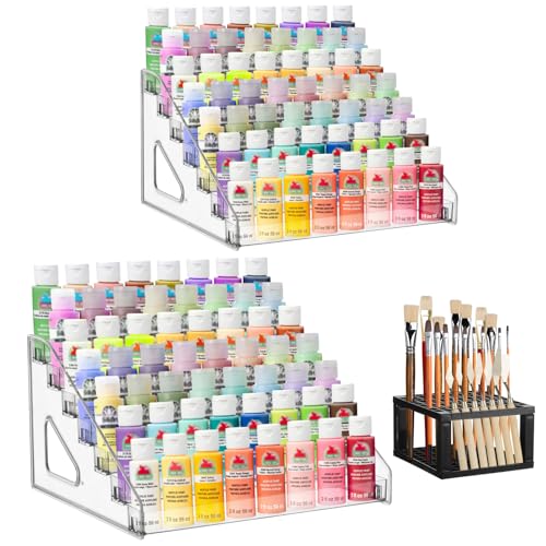YEXEXINM 2 Pcs Clear Paint Organizer With Paint Brush Holder7 Layers Acrylic Paint OrganizerPaint Storage RackCraft Paint Organizer RackMiniature Paint Holder for Paint Storage - Image 1