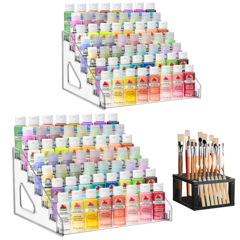 YEXEXINM 2 Pcs Clear Paint Organizer With Paint Brush Holder7 Layers Acrylic Paint OrganizerPaint Storage RackCraft Paint Organizer RackMiniature Paint Holder for Paint Storage - Image 2