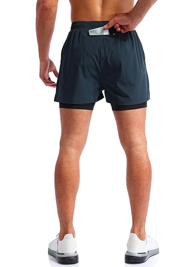 Men's 2 in 1 Running Shorts Quick Dry Gym Athletic Workout Shorts for Men with Phone Pockets - Image 4