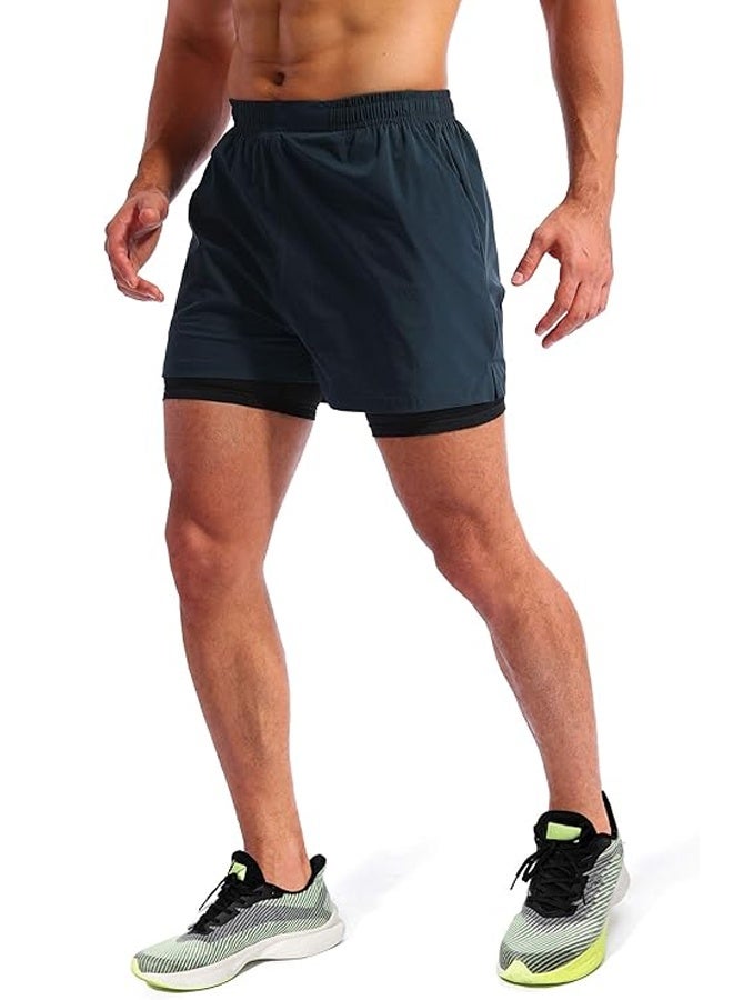 Men's 2 in 1 Running Shorts Quick Dry Gym Athletic Workout Shorts for Men with Phone Pockets - Image 3