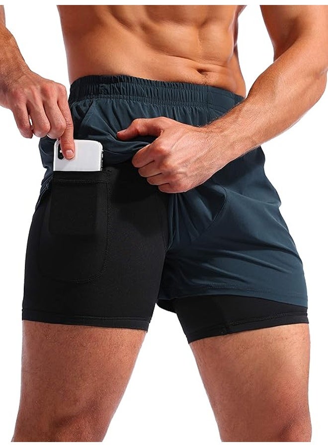 Men's 2 in 1 Running Shorts Quick Dry Gym Athletic Workout Shorts for Men with Phone Pockets - Image 1