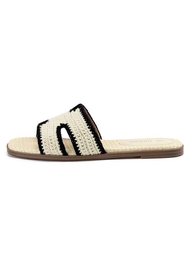Rihero Women's Dressy Flat Sandals Comfortable Slip On Leather Slide Sandals, Cream, 7.5 - Image 2