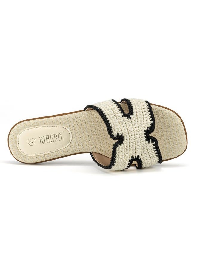 Rihero Women's Dressy Flat Sandals Comfortable Slip On Leather Slide Sandals, Cream, 7.5 - Image 3