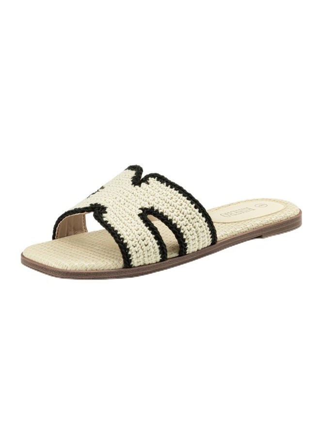 Rihero Women's Dressy Flat Sandals Comfortable Slip On Leather Slide Sandals, Cream, 7.5 - Image 1