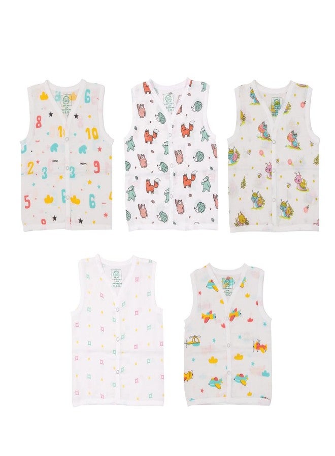 A Toddler Thing - Organic Cotton Muslin Button Jabla | White Jhabla | Assorted Pack of 5 | Size - Newborn | for Boys & Girls | Comfortable Summer Wear Jabala | Sleeveless Vest | Baby Products - Image 1