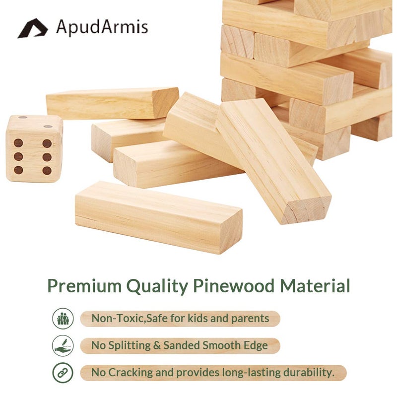 ApudArmis 60 PCS Tumble Tower Stack up to 5Ft Pine Wooden Stacking Timber Game with 1 Dice Set  Classic Block Outdoor Game for Teens Adults Family - Image 3
