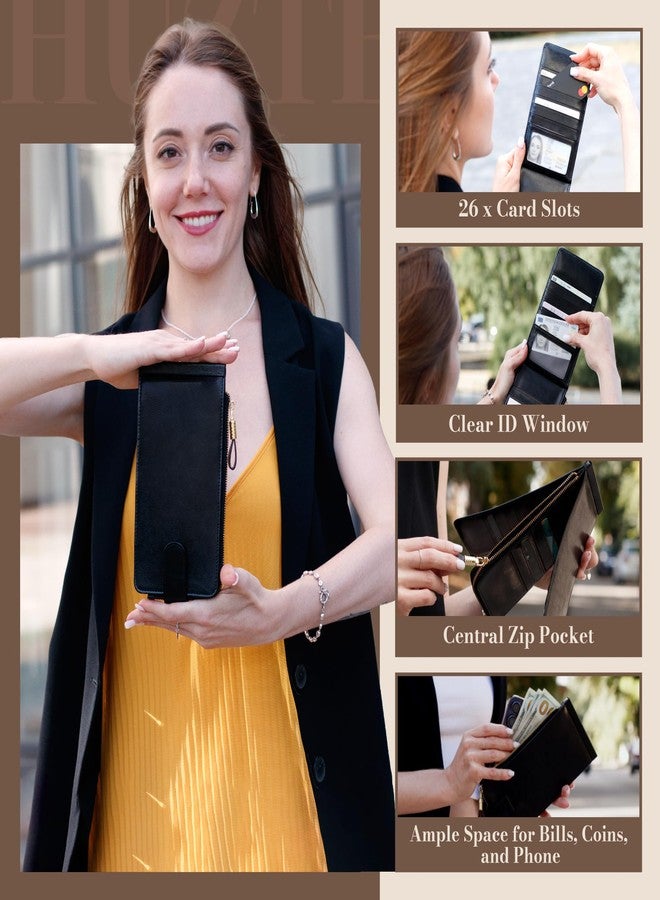 Huztencor Womens Wallet RFID Blocking Wallet Women Leather Bifold Multi Card Case Wallet with Zipper Pocket Vintage Black - Image 2