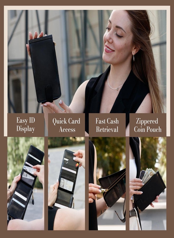 Huztencor Womens Wallet RFID Blocking Wallet Women Leather Bifold Multi Card Case Wallet with Zipper Pocket Vintage Black - Image 5