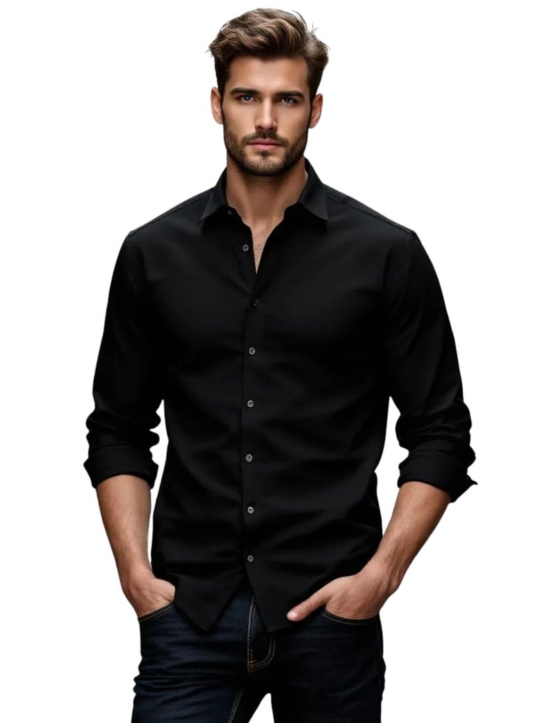 Glowic Men's Plain Casual Shirt | Cotton Soft & Breathable Fabric | Full Sleeve Comfort Fit Stylish Solid Shirts for Office (in, Alpha, 2XL, Regular, Black) - Image 1