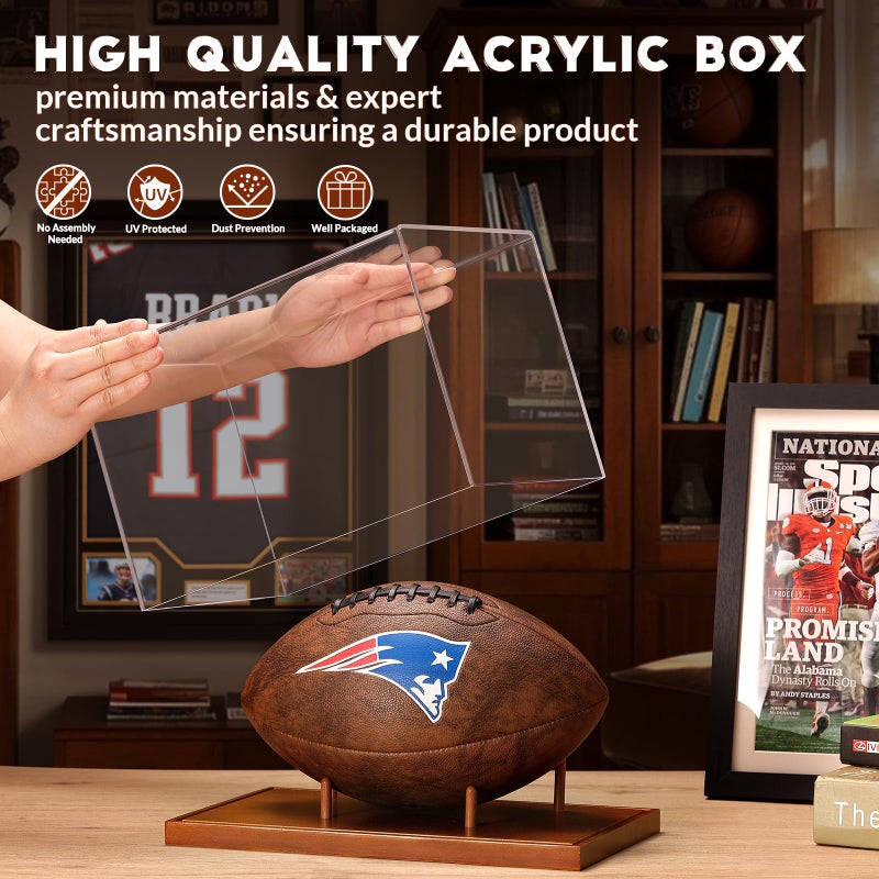 JupDec Football Display Case Full Size, Acrylic Clear Box with Wood Stand, UV Protected Memorabilia Holder, for Football Fans & Collectors, Sports Collectibles, No Assembly Required - Image 2