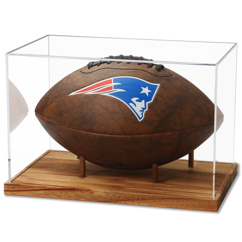 JupDec Football Display Case Full Size, Acrylic Clear Box with Wood Stand, UV Protected Memorabilia Holder, for Football Fans & Collectors, Sports Collectibles, No Assembly Required - Image 1