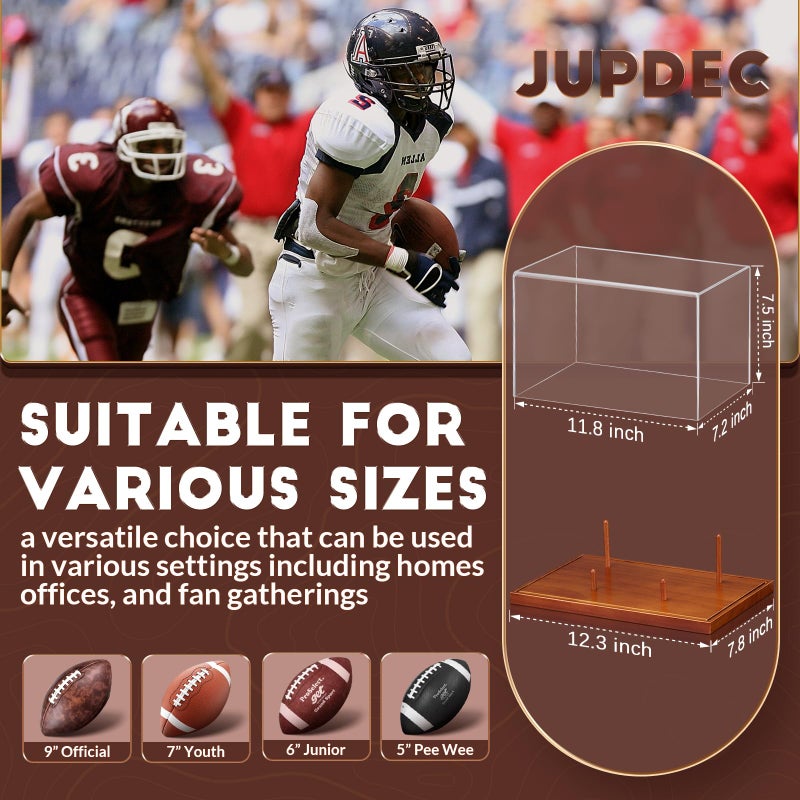 JupDec Football Display Case Full Size, Acrylic Clear Box with Wood Stand, UV Protected Memorabilia Holder, for Football Fans & Collectors, Sports Collectibles, No Assembly Required - Image 3