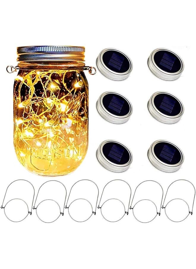 The Bros 6Pack Solar Mason Jars Lights,20 Led String Fairy Firefly Lights Lids Jar Lights with 6 Hangers Solar Laterns Table Lights for Party Garden Patio Christmas Decor(Jars Not Included) (Warm White)  - Image 1