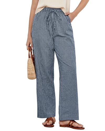 GRAPENT Blue Pants Women High Waisted Wide Leg Pants for Women Cotton for Vacation Outfits Cute Baggy Blue Stripe Size Small US 4 to 6 - Image 1