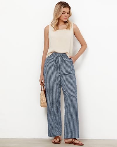 GRAPENT Blue Pants Women High Waisted Wide Leg Pants for Women Cotton for Vacation Outfits Cute Baggy Blue Stripe Size Small US 4 to 6 - Image 4