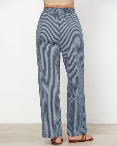 GRAPENT Blue Pants Women High Waisted Wide Leg Pants for Women Cotton for Vacation Outfits Cute Baggy Blue Stripe Size Small US 4 to 6 - Image 3