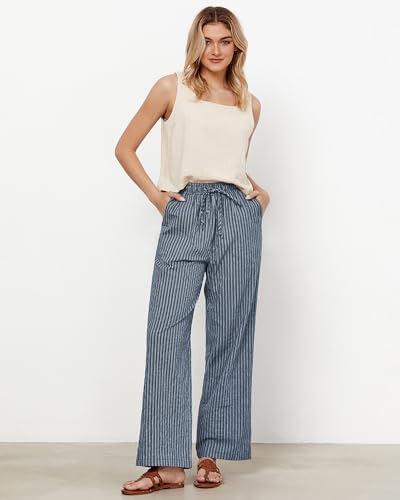 GRAPENT Blue Pants Women High Waisted Wide Leg Pants for Women Cotton for Vacation Outfits Cute Baggy Blue Stripe Size Small US 4 to 6 - Image 2