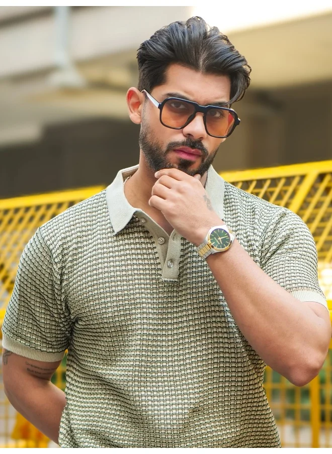 مانياك Maniac Mens Grid Textured Green & Beige Polo Neck Half Sleeve Cotton Tshirt