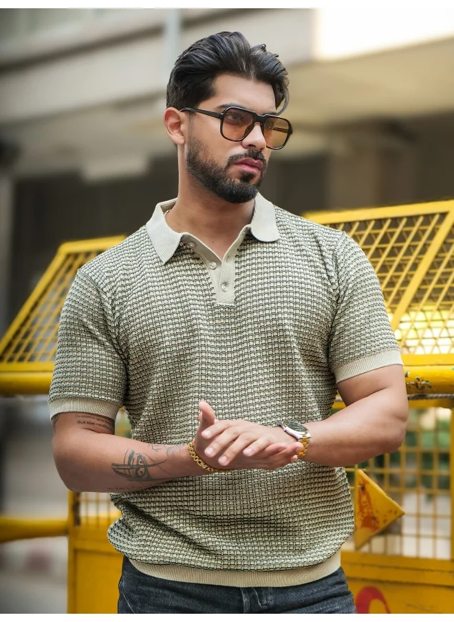 مانياك Maniac Mens Grid Textured Green & Beige Polo Neck Half Sleeve Cotton Tshirt