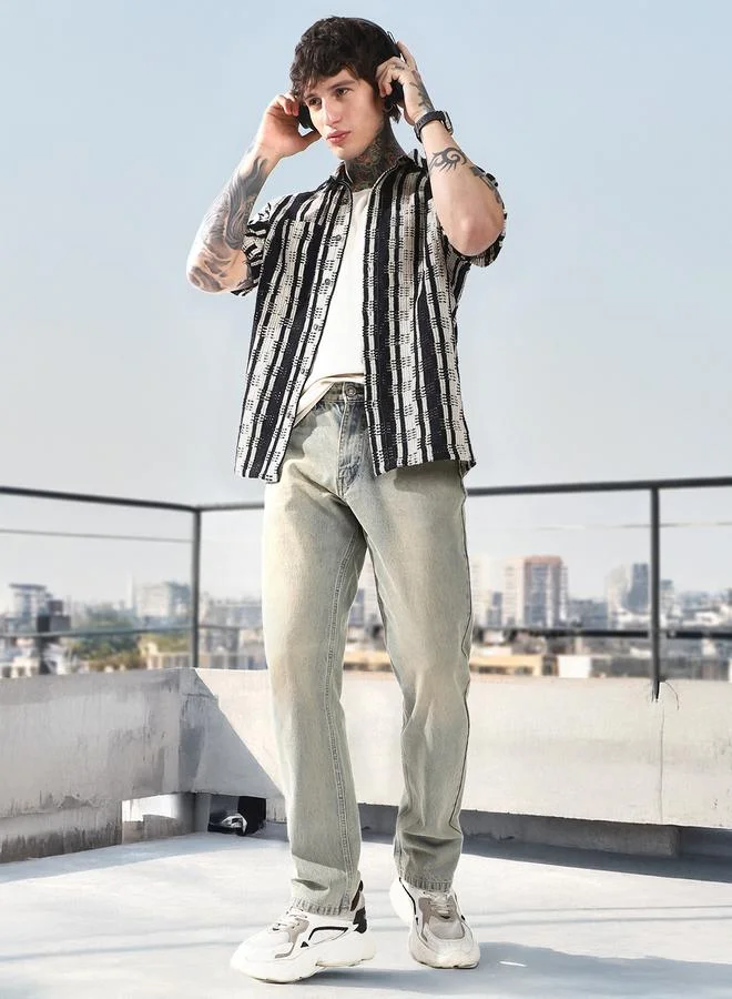 هوبرهولمي Relaxed Fit Striped Cotton Textured Crochet Casual Shirt