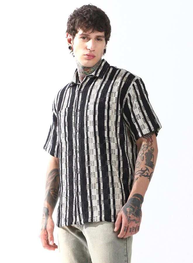 هوبرهولمي Relaxed Fit Striped Cotton Textured Crochet Casual Shirt