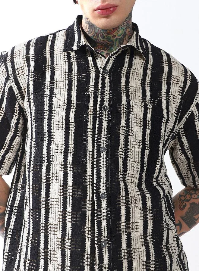 هوبرهولمي Relaxed Fit Striped Cotton Textured Crochet Casual Shirt