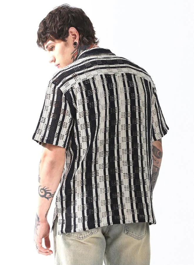 هوبرهولمي Relaxed Fit Striped Cotton Textured Crochet Casual Shirt