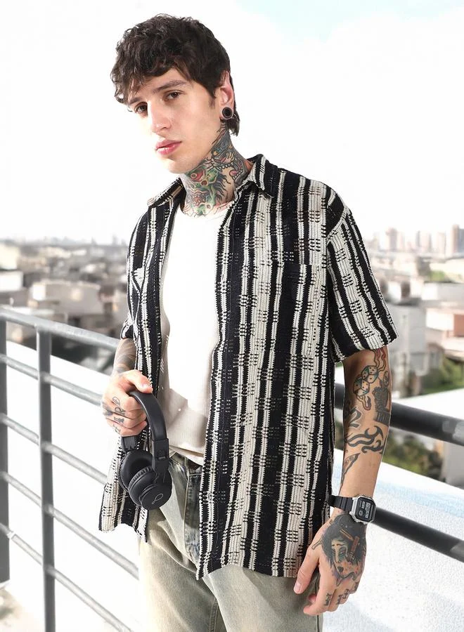 هوبرهولمي Relaxed Fit Striped Cotton Textured Crochet Casual Shirt