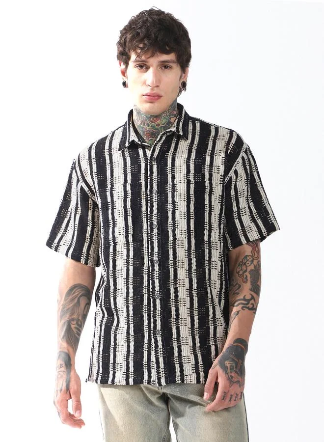 هوبرهولمي Relaxed Fit Striped Cotton Textured Crochet Casual Shirt