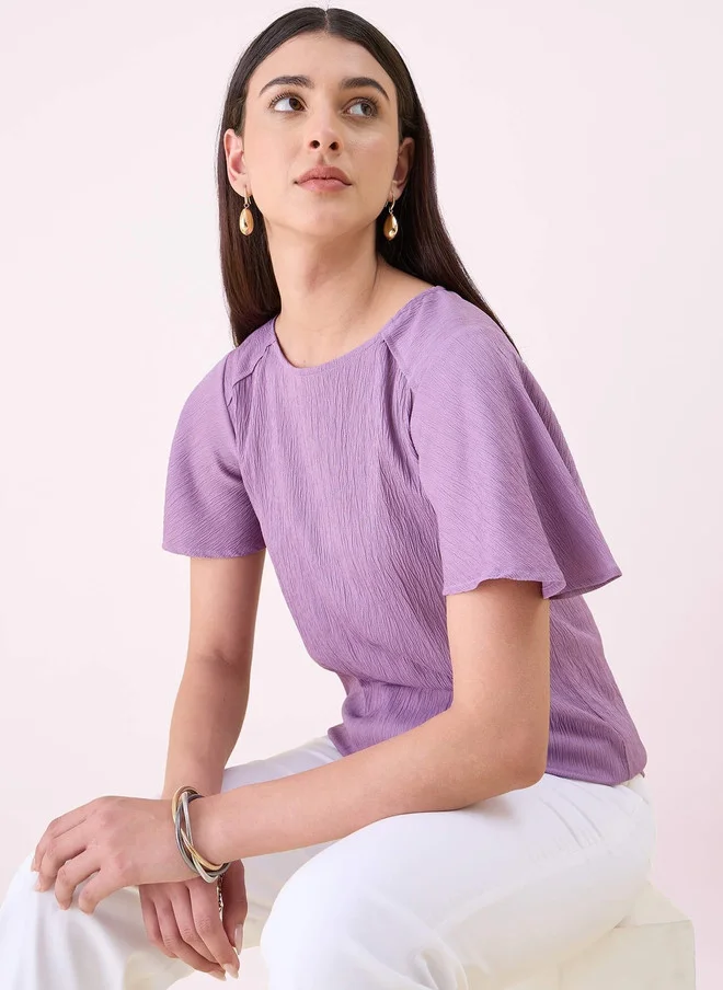 Salt Attire SALT ATTIRE Purple Crepe Top with Flutter Sleeves