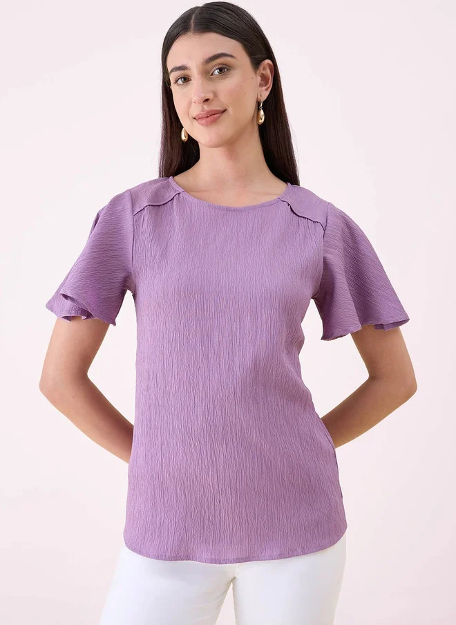 Salt Attire SALT ATTIRE Purple Crepe Top with Flutter Sleeves
