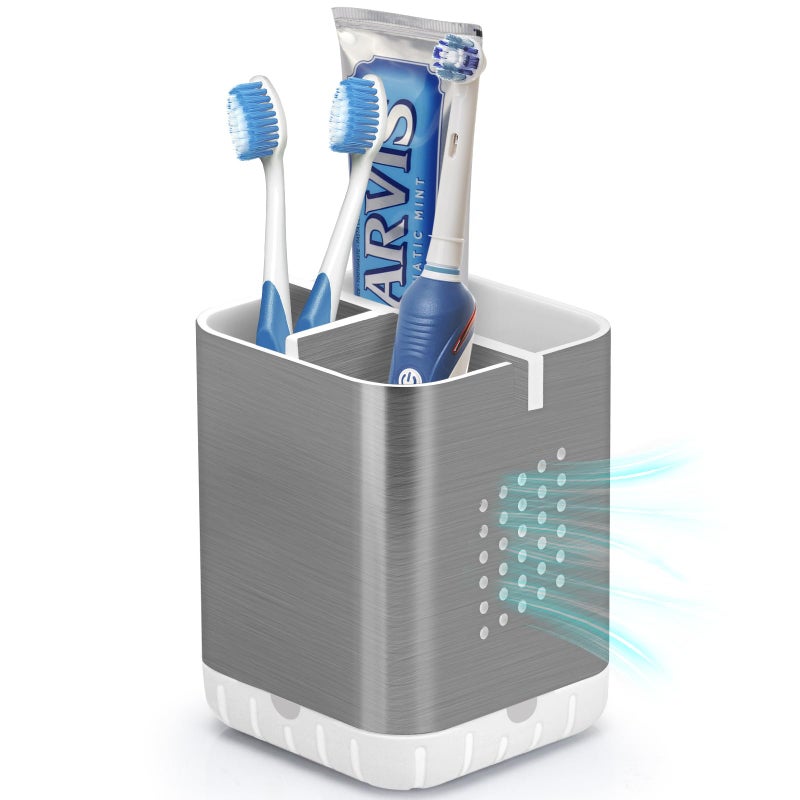 Boperzi Toothbrush Holder Toothpaste Organizer Drainage for Bathroom Vanity, Detachable Anti-Slip Brushed Nickel Toothpaste Storage Caddy 3 Slots with Drainage Holes for Makeup Brush Razor Stand - Image 1