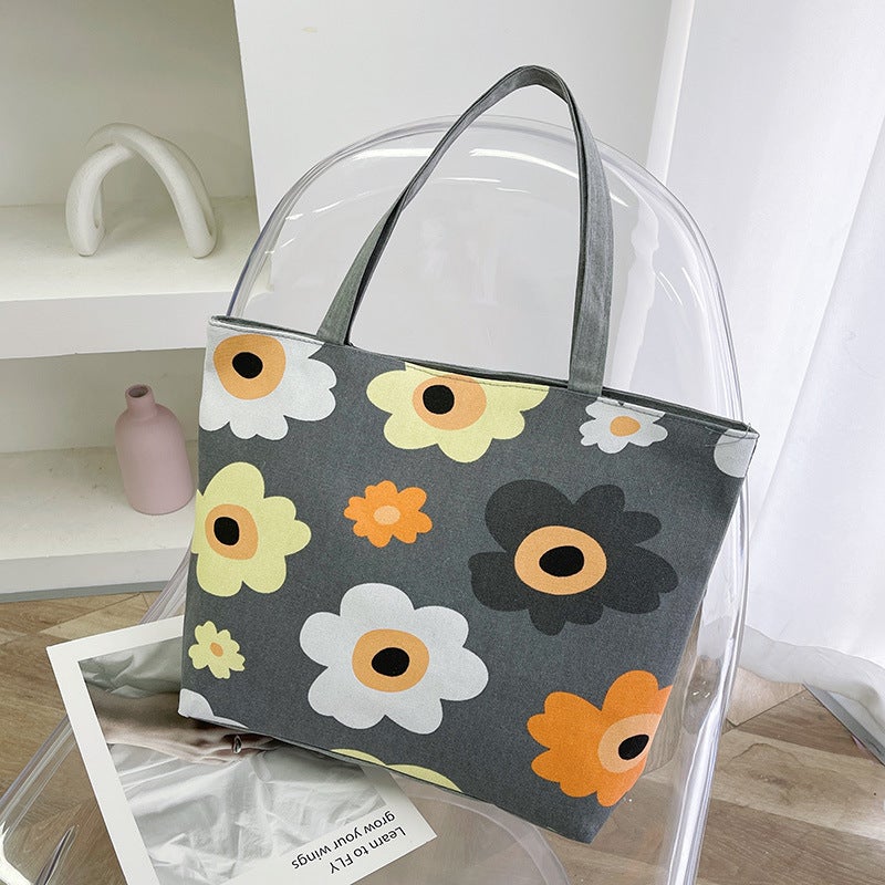 Printed Large-Capacity Korean-Style Tote Bag, Artistic Floral Fabric Student Book Bag, Single-Shoulder Hand-Held Canvas Women'S Bag, Simple Design