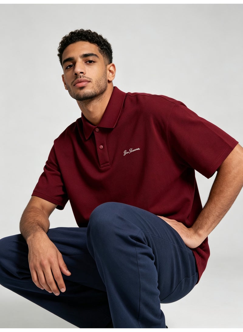 بين شيرمان Ben Sherman Men’s Oversized Burgundy Embroidered Short Sleeve Polo Shirt - Image 5