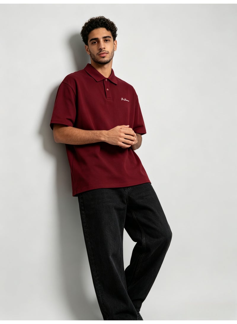 بين شيرمان Ben Sherman Men’s Oversized Burgundy Embroidered Short Sleeve Polo Shirt - Image 3