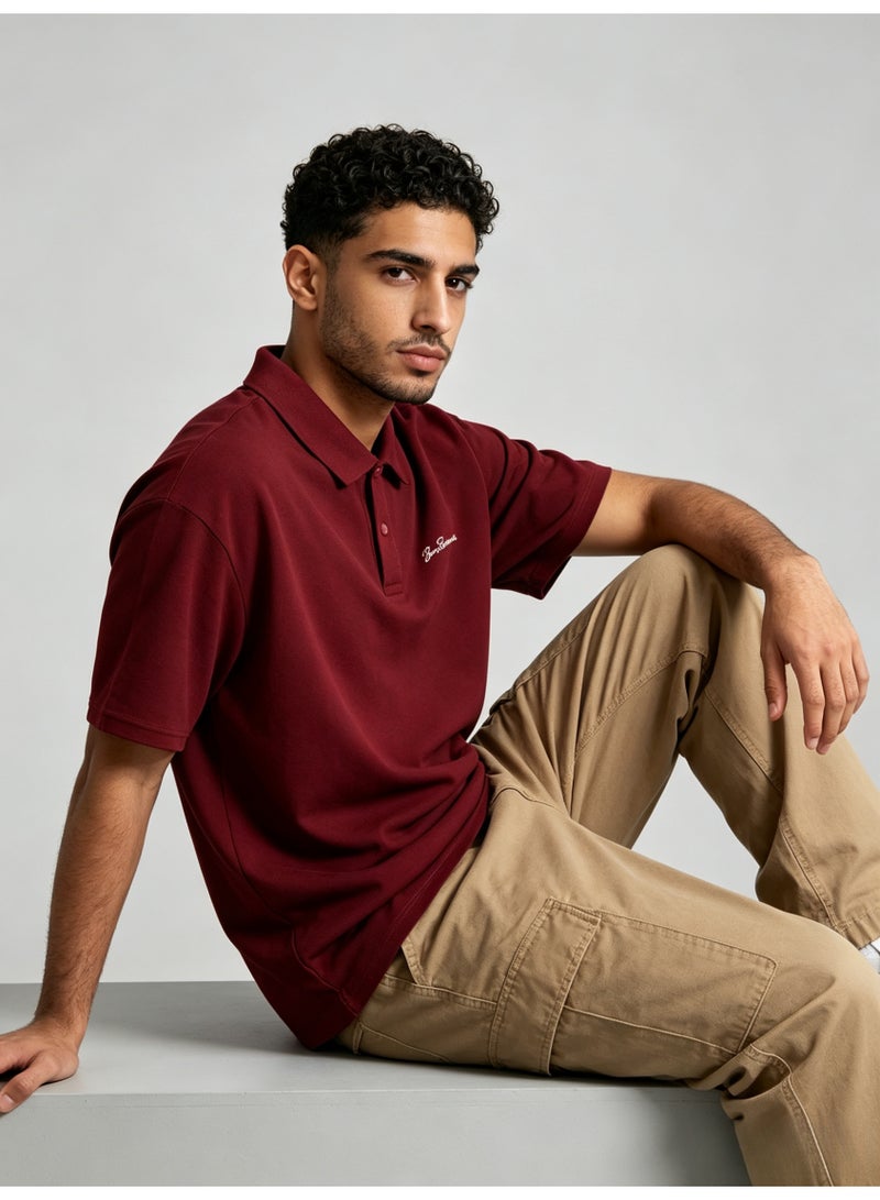 بين شيرمان Ben Sherman Men’s Oversized Burgundy Embroidered Short Sleeve Polo Shirt - Image 4