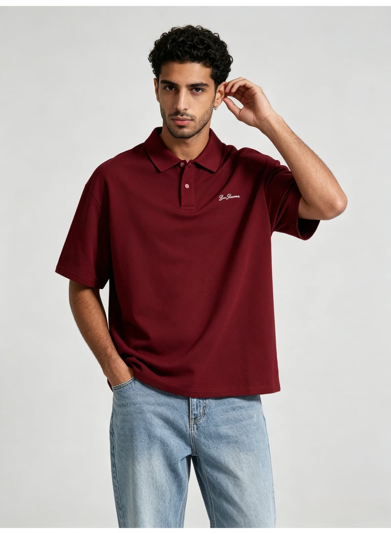 بين شيرمان Ben Sherman Men’s Oversized Burgundy Embroidered Short Sleeve Polo Shirt - Image 1