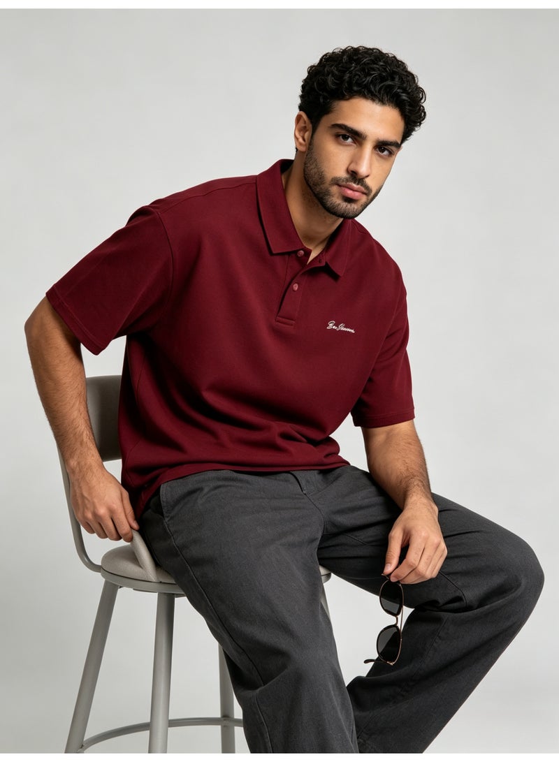 بين شيرمان Ben Sherman Men’s Oversized Burgundy Embroidered Short Sleeve Polo Shirt - Image 2