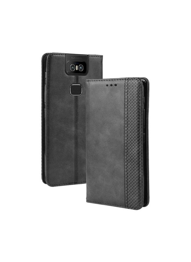HuHa Case Cover Magnetic Buckle Retro Crazy Horse Texture Horizontal Flip Leather Case for Asus Zenfone 6 ZS630KL, with Holder & Card Slots & Photo Frame Black 