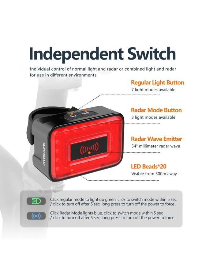 Cyclami Bike Tail Light Radar, Smart Brake Warning Radar Detection 500m Monitoring Distance, Auto Light, Rear Taillight with Visual Alerts for Approaching Vehicles, USB Rechargeable, IPX6 Waterproof - Image 2