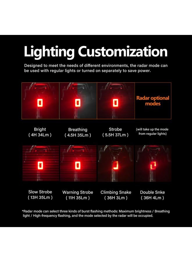 Cyclami Bike Tail Light Radar, Smart Brake Warning Radar Detection 500m Monitoring Distance, Auto Light, Rear Taillight with Visual Alerts for Approaching Vehicles, USB Rechargeable, IPX6 Waterproof - Image 3