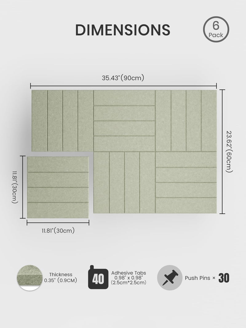 Bumusty Large Cork Board Alternative-36 x 24" Felt Bulletin Board Tiles, with 30 Pushpins, 40 Adhesive Tabs, Bold-Stripe 6-Pack, Cork Boards for Office Push Pin Board Felt Board-Sage - Image 2