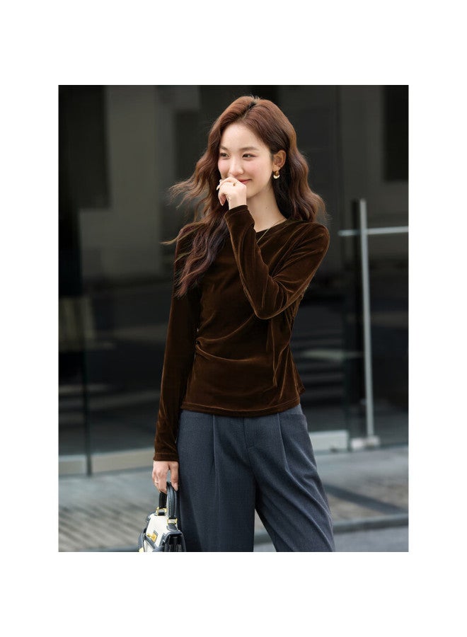 Vimly Women's Velvet Knit Crew Neck T-shirt Autumn Slim Fit Base Layer Top Deep Wine Red S