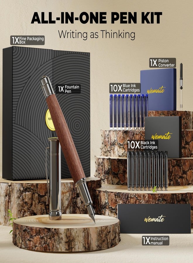 WEMATE Fountain Pen Set, Fine Nib with 20PCS 2.6MM Ink Cartridges(10 Black&10 Blue),1 Ink Converter, Nice Luxury pen for Men, Women, Cool Wooden Fountain Pen for Writing, Journaling, Calligraphy - Image 4