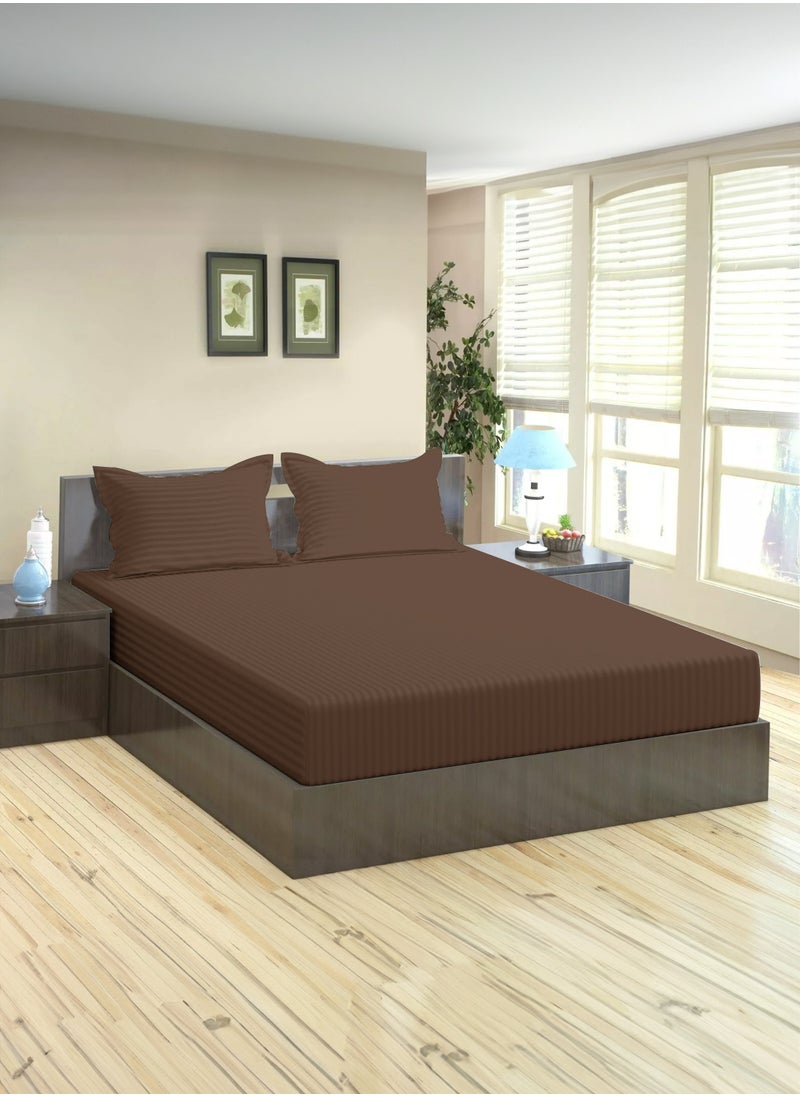 American Linen King Striped Fitted Sheet with 2 Pillow Case 200 x 200 Cm Coffee Brown  - Image 1